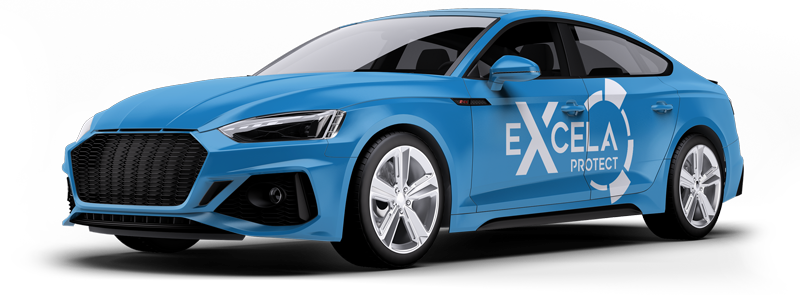 Excela Protect logo branded on a blue sedan vehicle